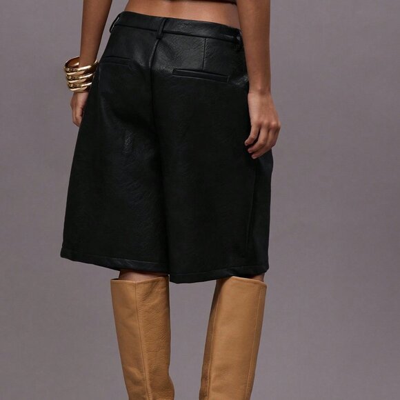 Black Preppy Women's Pleated Faux Leather Bermuda Shorts - Picture 2 of 5